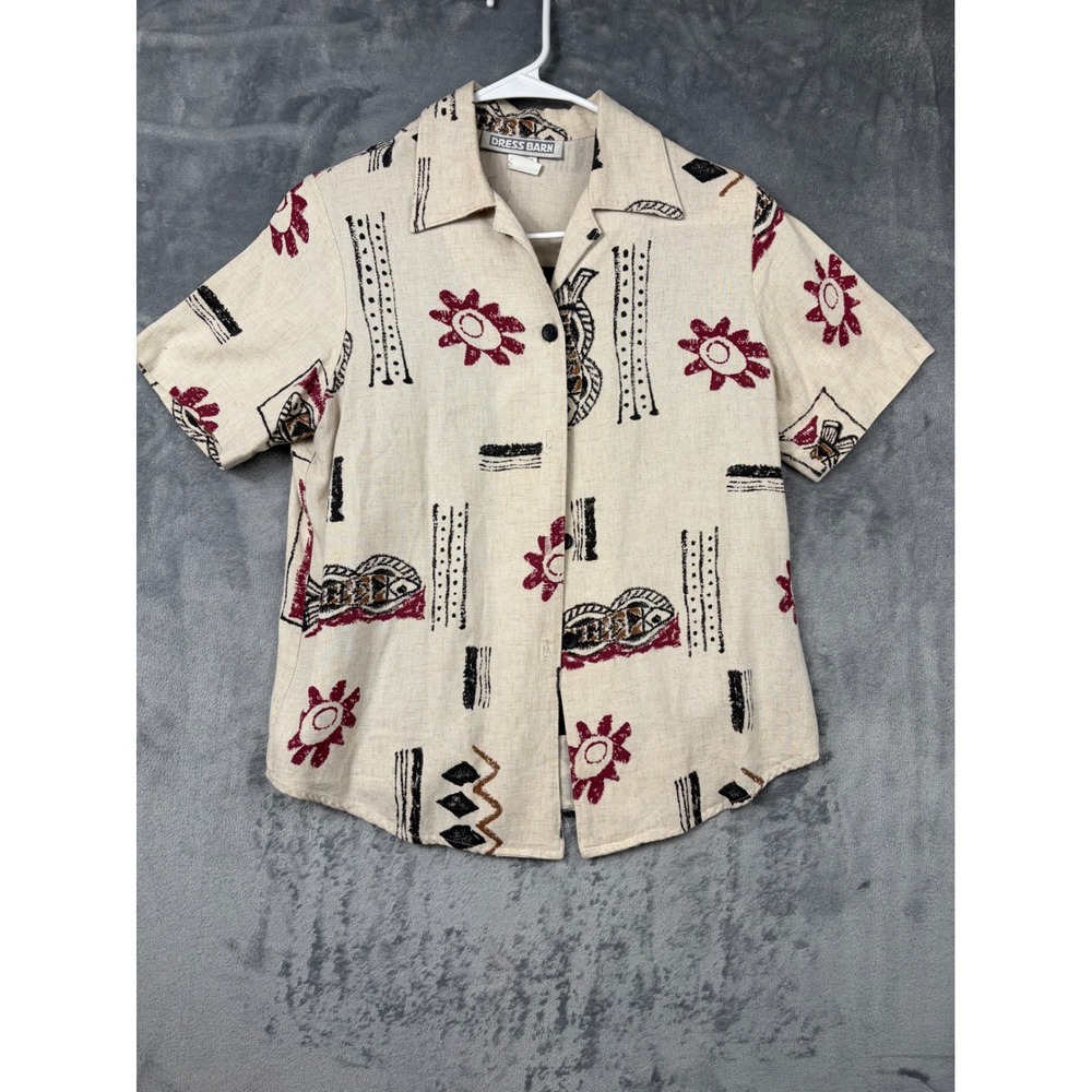 Vintage Dress Barn Womens Medium Tribal Sun Print Button Up Shirt Short Sleeve